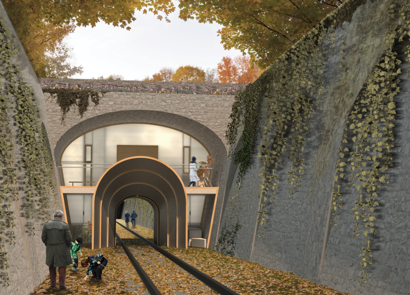 Translucent Façade and Kitchen Garden Under a Railway Bridge