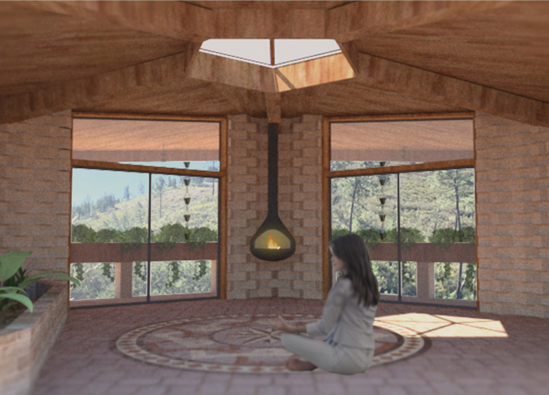 Pentagon-Inspired Healing Space Featuring Warm Materials and Integrated Land Elements