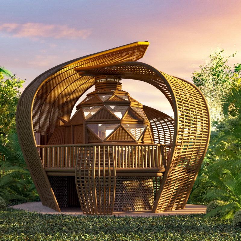 Lotus-Inspired Retreat Featuring Bamboo and Recycled Glass in a Natural Setting