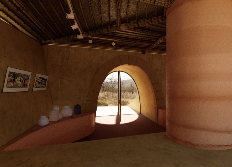 Excavated Pavilion Featuring Rammed Earth and Corn Husk Canopy