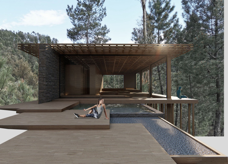 Wooden Platforms Overlooking Nature with Zen Garden and Passive Ventilation
