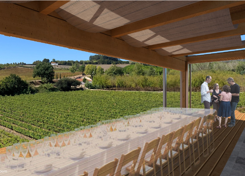 Water Feature and White Stucco Wall Enveloping a Timber Tasting Room