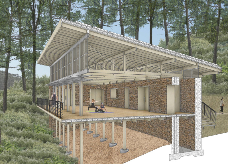 Rubble Walls and Timber Trusses in a Community Wellness Space