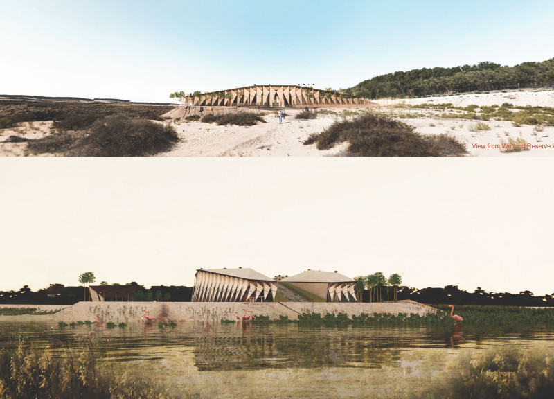 Cavernous Spaces Enveloped by Soil and Sun-Sails in a Wetland Visitor Centre