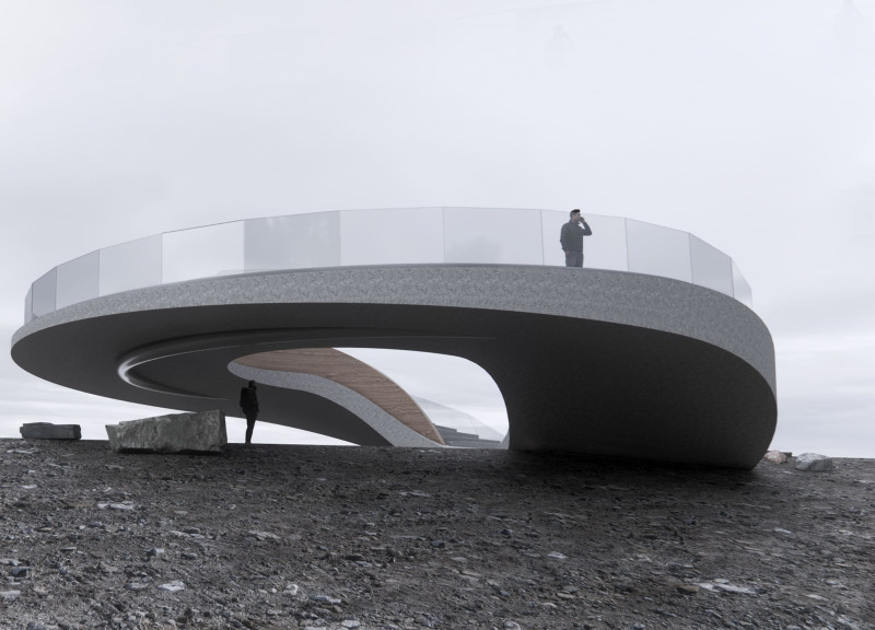 Circular Observation Point with Glass Façade Overlooking Volcanic Terrain