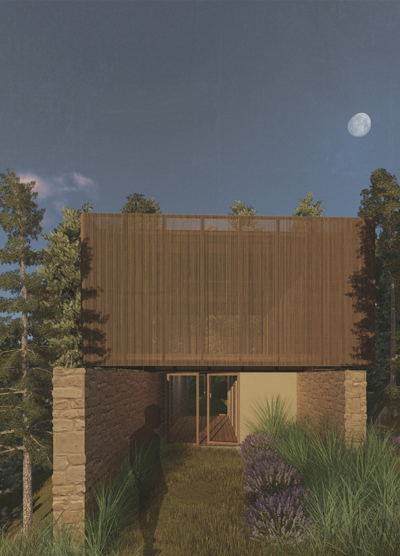 Grounded Stone Walls and Floating Wooden Shala for Yoga Retreat