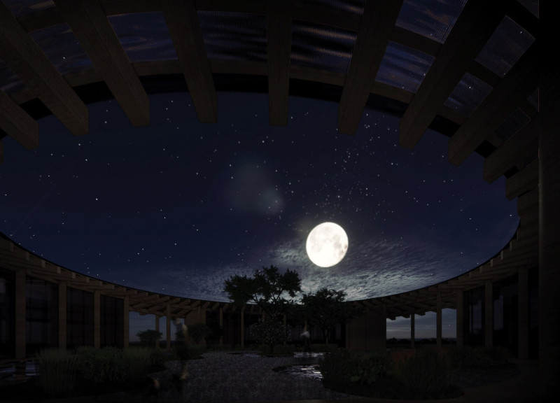 Water-Focused Courtyard with Translucent Panels in a Timber Retreat