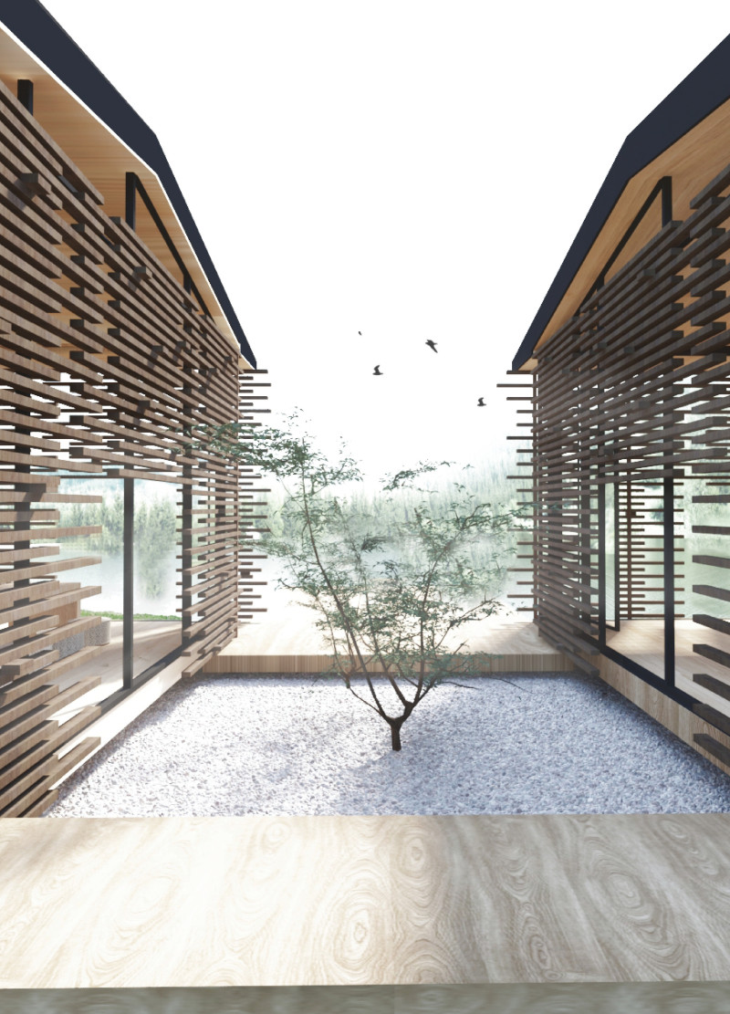 Sedum-Covered Zen Gardens with Timber Volumes for Mindful Practice