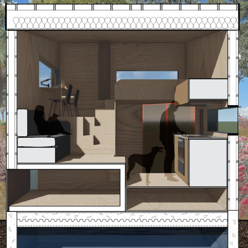 Rainwater Cistern in a Compact Concrete Home with Tiered Platforms