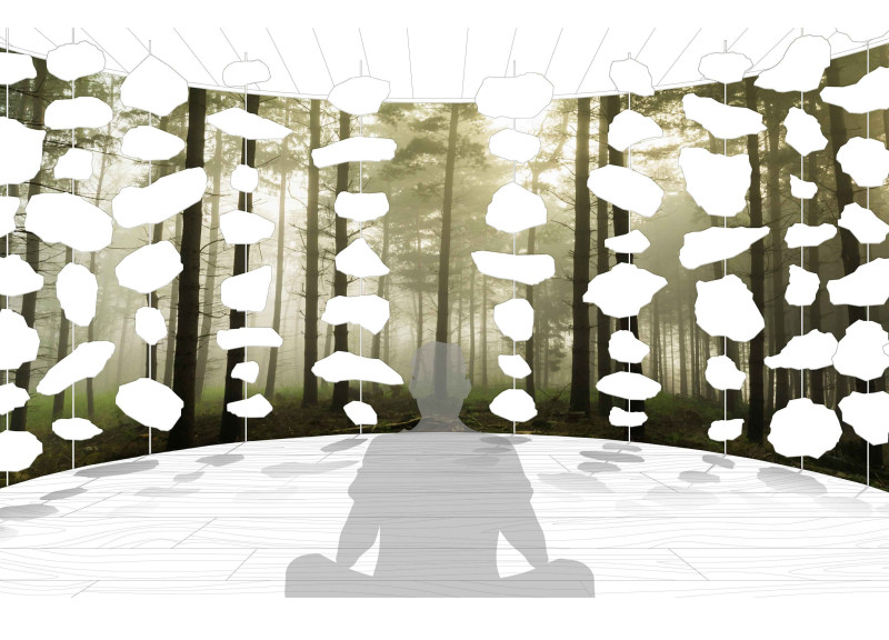 Floating Stone Elements in a Circular Meditation Retreat