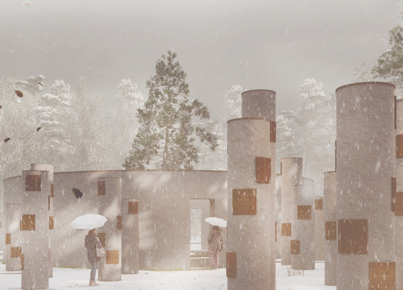 Circular Concrete Niches Surrounded by Pine Columns for Reflective Memorial Space