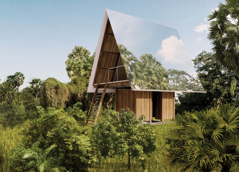 Reflective Huts with Angular Roofs for Immersive Nature Retreat