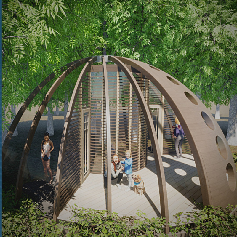 Cleansing Space of Circular Openings Constructed with Local Timber and Transparent Glass