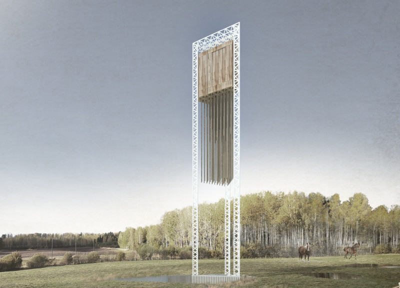 Metal Platform Elevates Birch Cabin into the Surrounding Landscape