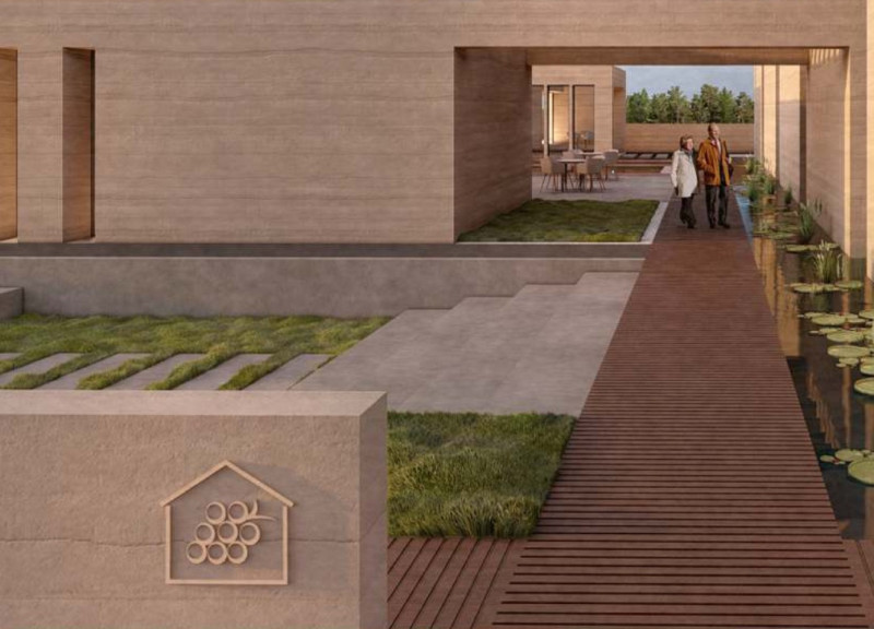 Rammed Earth Retreat Emphasizing Rainwater Management and Meditative Spaces