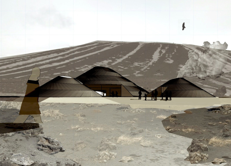 Volcanic Rock and Timber Form a Community Hub Surrounded by Nature