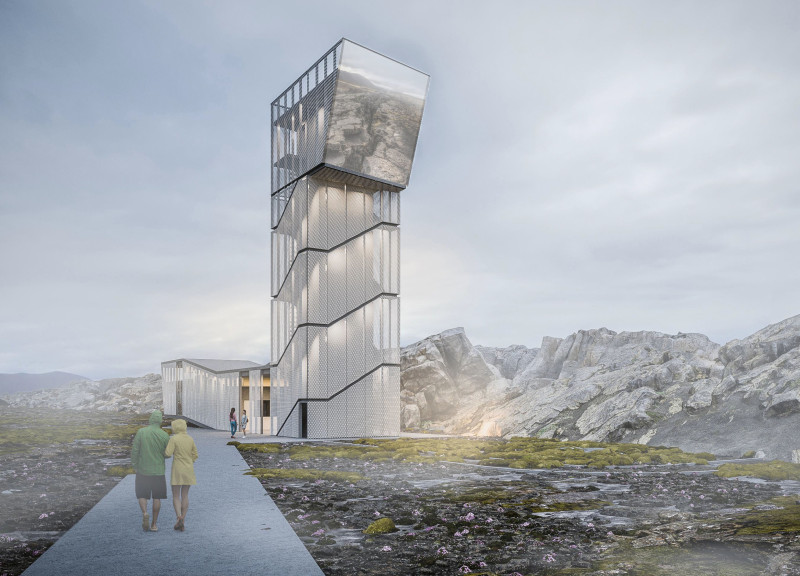 Reflective Glass and Expanded Metal Structure Integrating Icelandic Geology as a Visitor Center