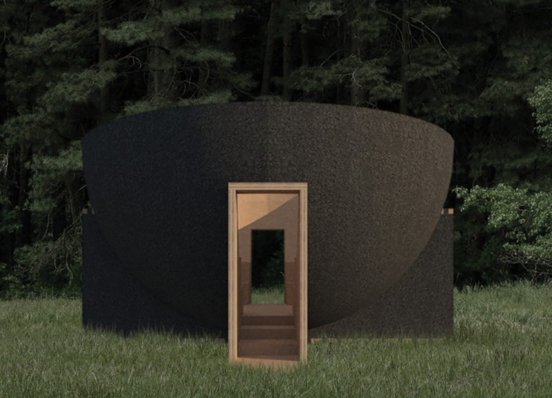 Charred Exterior Enveloping Self-Shaped Panels in Timber Hemisphere