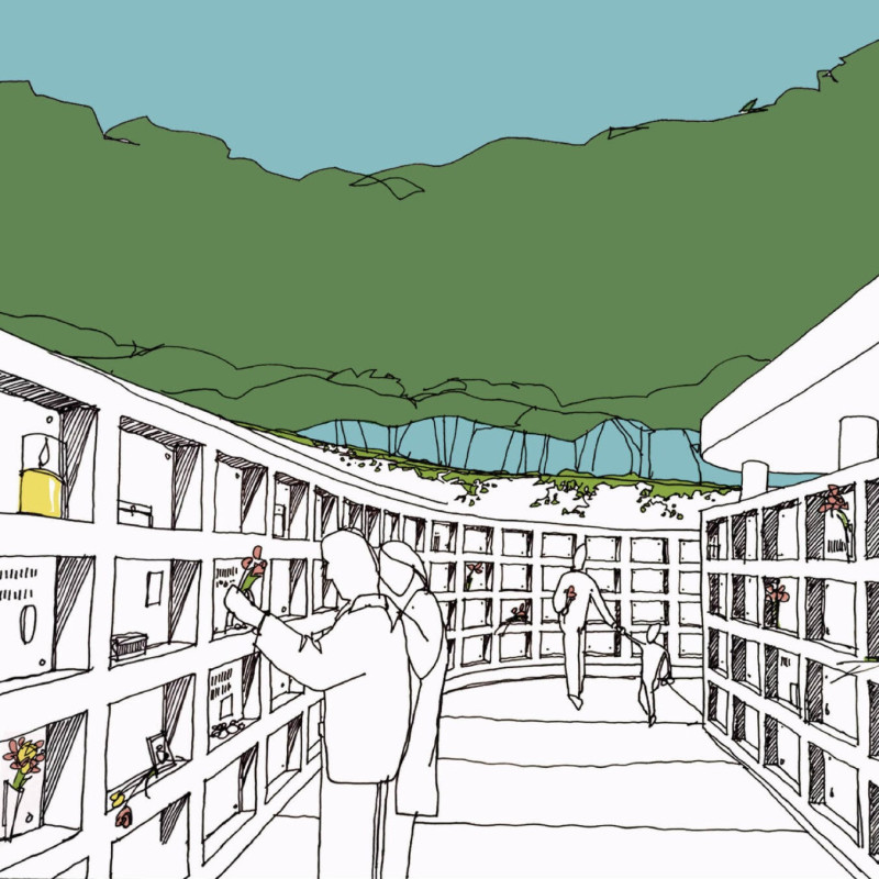 Floating Pyramidal Roofs and Dolomite Niches in a Reflective Meadow Columbarium