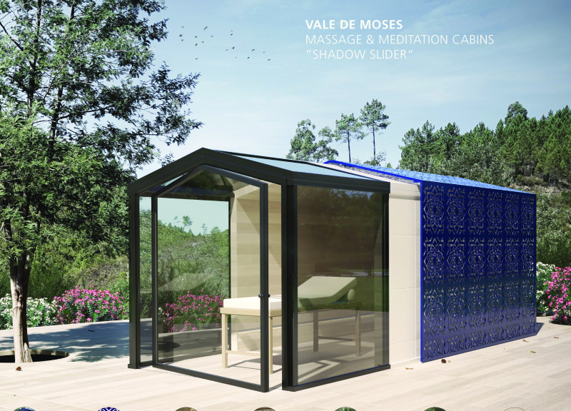 Eucalyptus Cabins with Movable Semi-Transparent Shells for Meditation and Massage