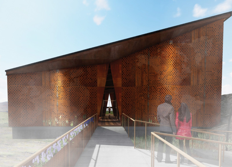 Corten Metal Gateway Emphasizes Geological Narratives in Visitor Shelter