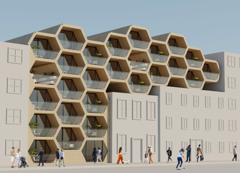 Hexagonal Community Living Enhanced by Wooden Beams and Green Spaces