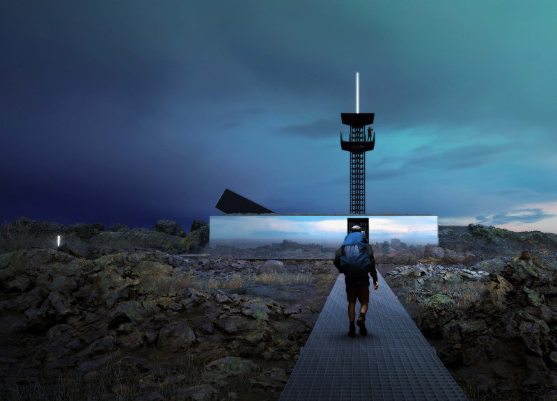 Metal Tower Overlooking Natural Landscape with Timber Interior