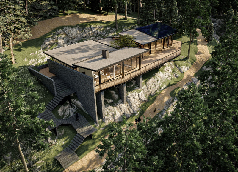 Natural Materials Harmonize Within a Zen Garden Overlooking Scenic Cliffs