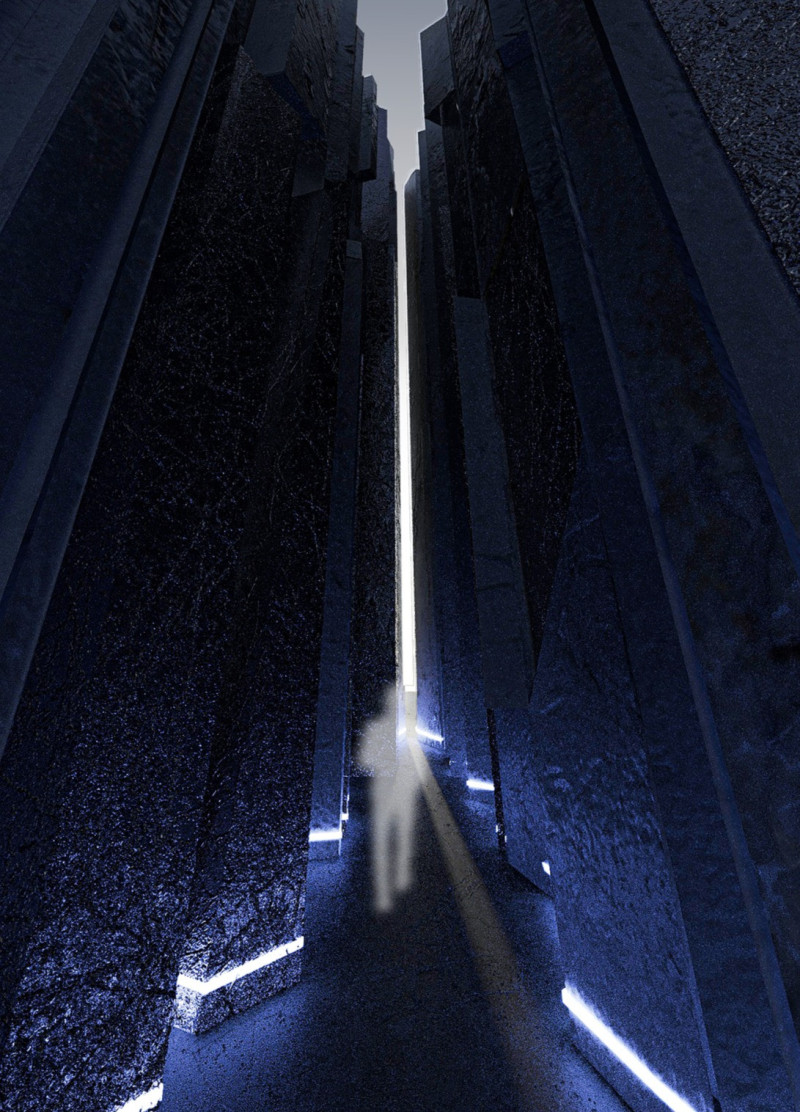 Blue Reflection Amidst Narrow Pathways in a Memorial Space