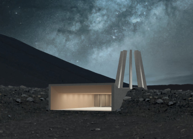 Skeletal Sculpture Guiding Nature-Inspired Spaces at Volcano Base