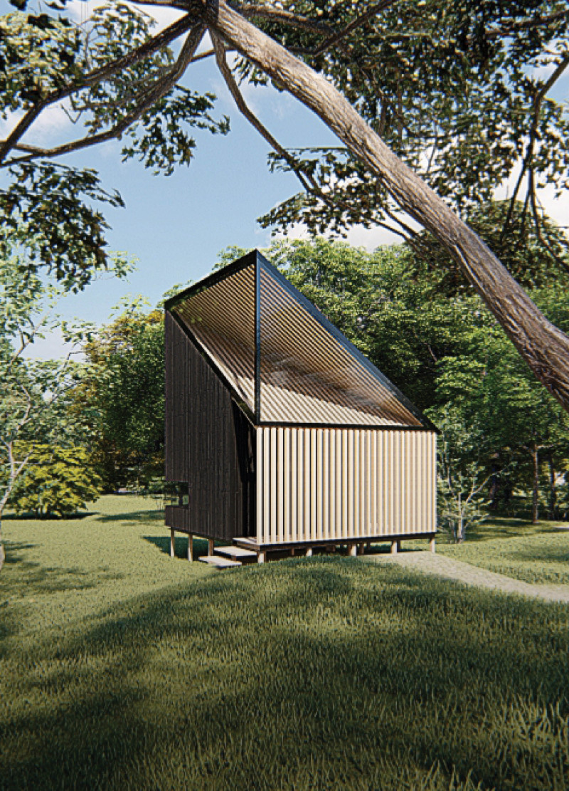 Flood-Resilient Cabin Featuring Reflective Glass and Timber Elements for Mindful Retreat