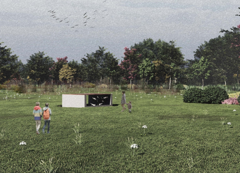 Corten Steel Ring Embracing a Concrete Cube Within a Contemplative Landscape