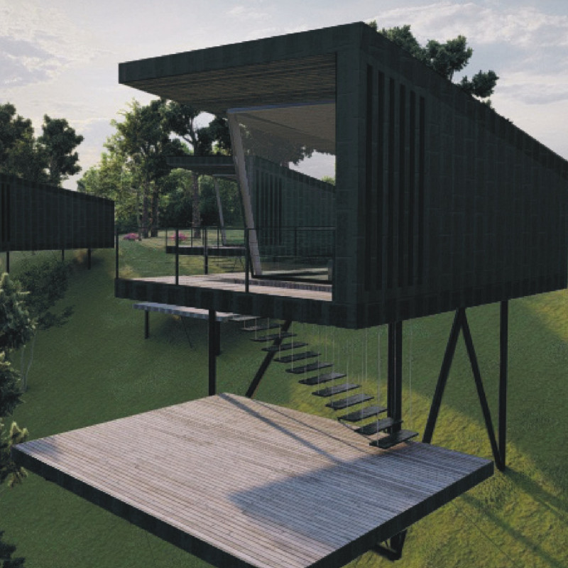 C-Shape Structure Featuring Xlam Panels and Natural Wood Elements for Compact Living