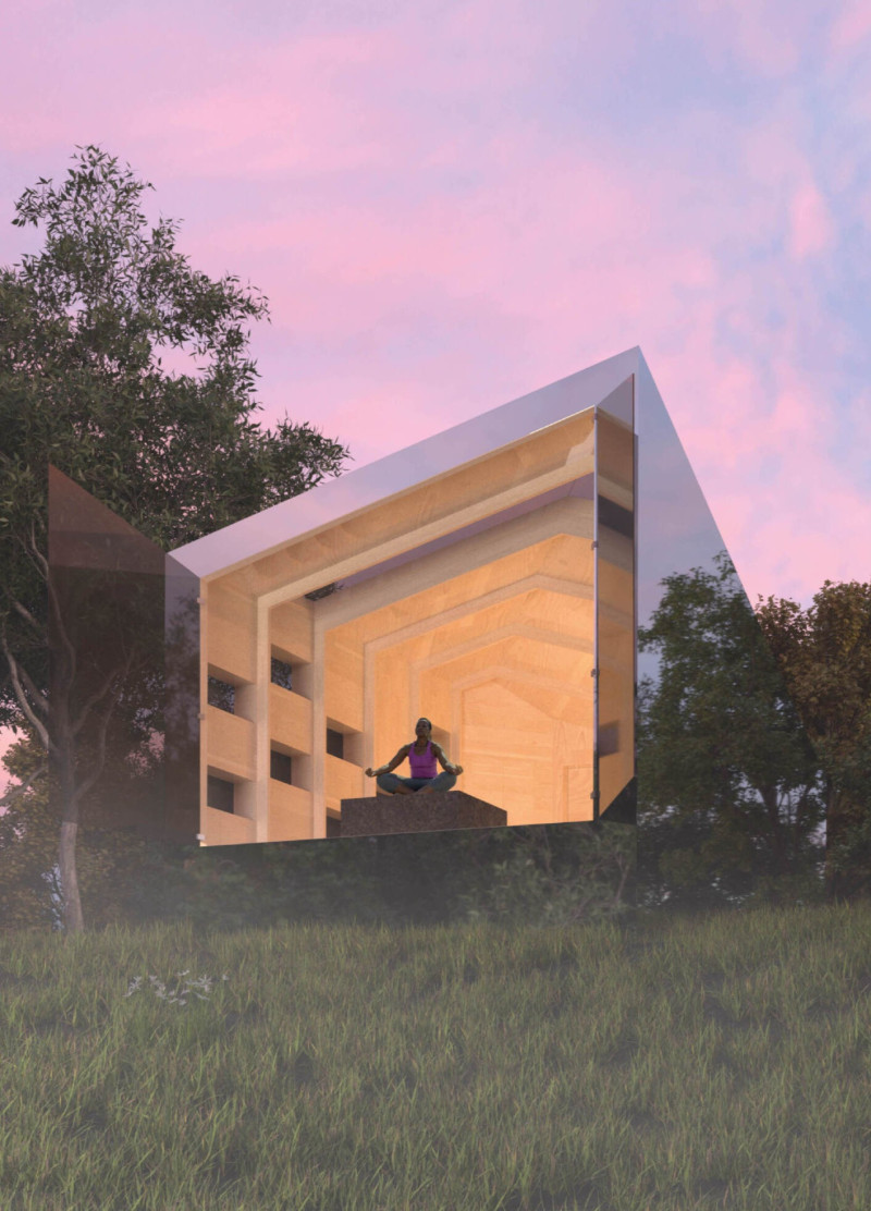 Reflective Glass Wall with Natural Wood and Stone Elements in a Forest Cabin