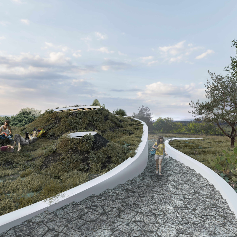 Granite Stone and Earth-Clad Community Spaces in a Circular Form