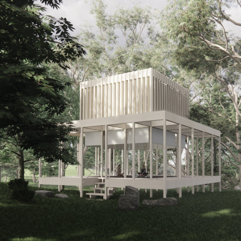 Elevated Plinth Cabin with Sliding Panels for Meditation