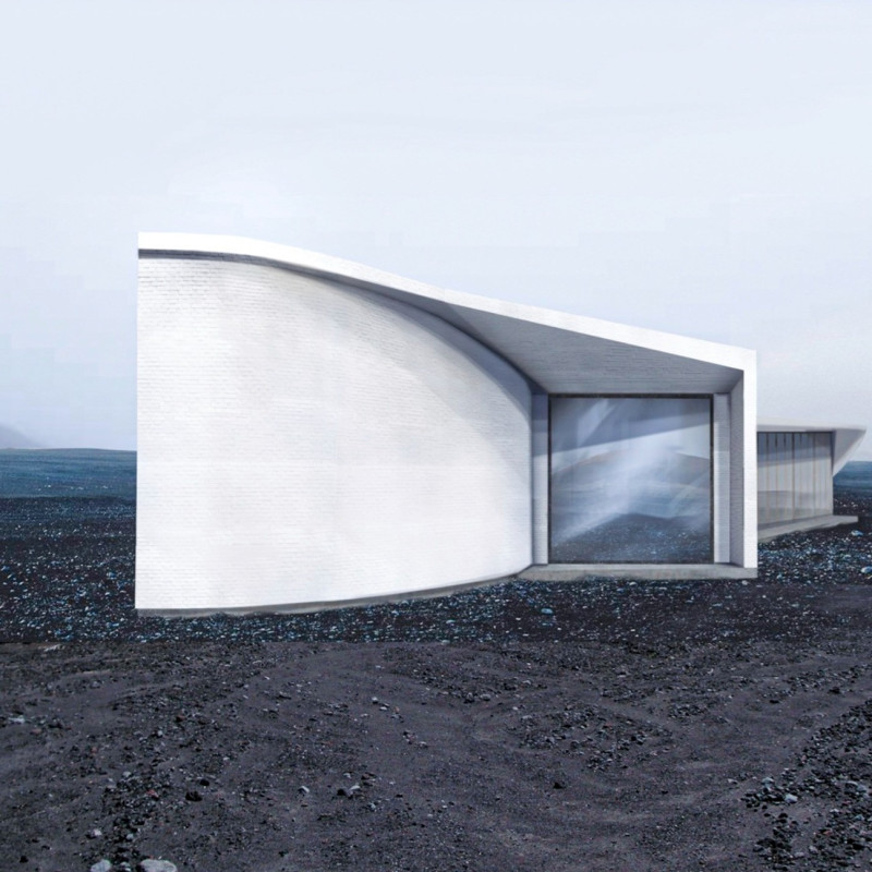 Light Brick Façade Framing Volcano Views in a Community Gathering Space