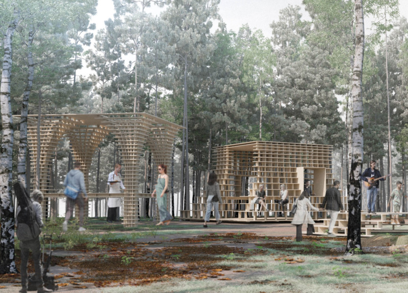 Reclaimed Plywood Structures Enhancing Community Interaction Within a Serene Forest Setting