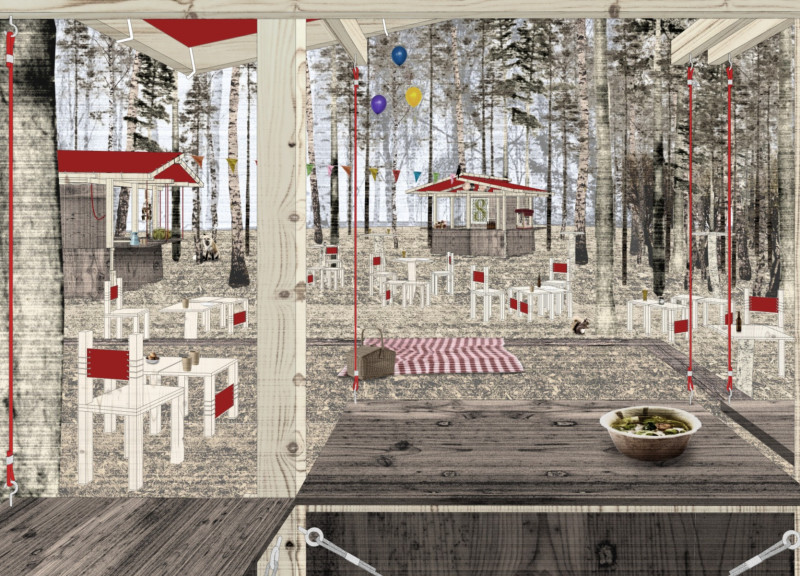 Adaptive Huts Featuring Operable Shutters and Local Planks for Festival Gatherings