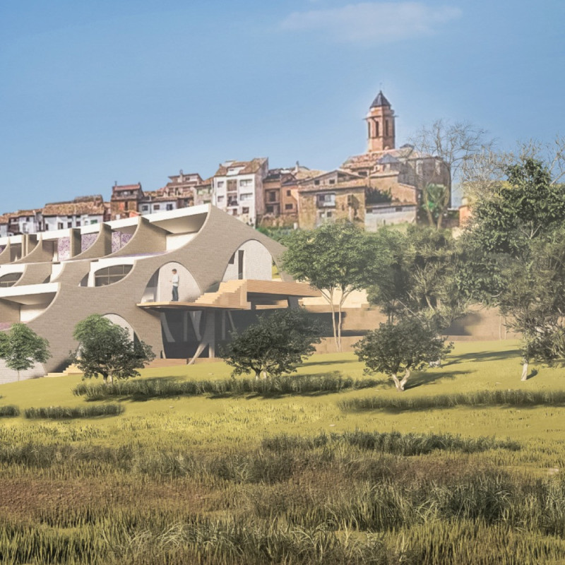 Mosaic Solar Panels and Catenary Arches Shaping a Community Hub