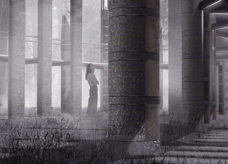 Gravestone Shards and Concrete Pillars in a Forest Setting for Remembrance