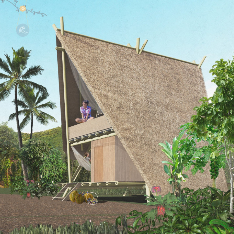 Pyramidic Form with Bamboo Canes Set Amidst Lush Landscape