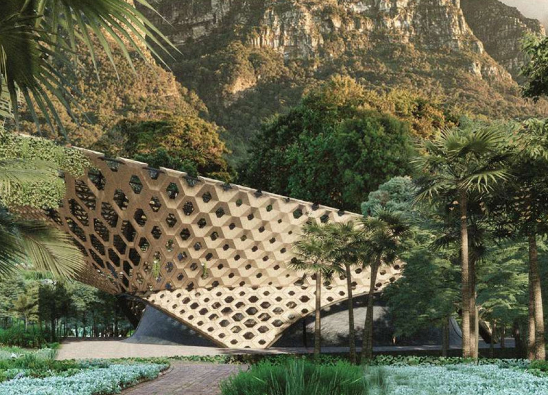 Monolithic Core with Geomorphic Elements in a Community Pavilion