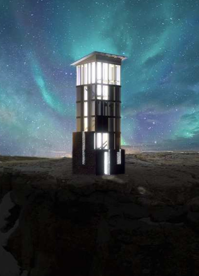 Plywood Observation Tower Anchored in Local Stone Embracing Natural Landscape