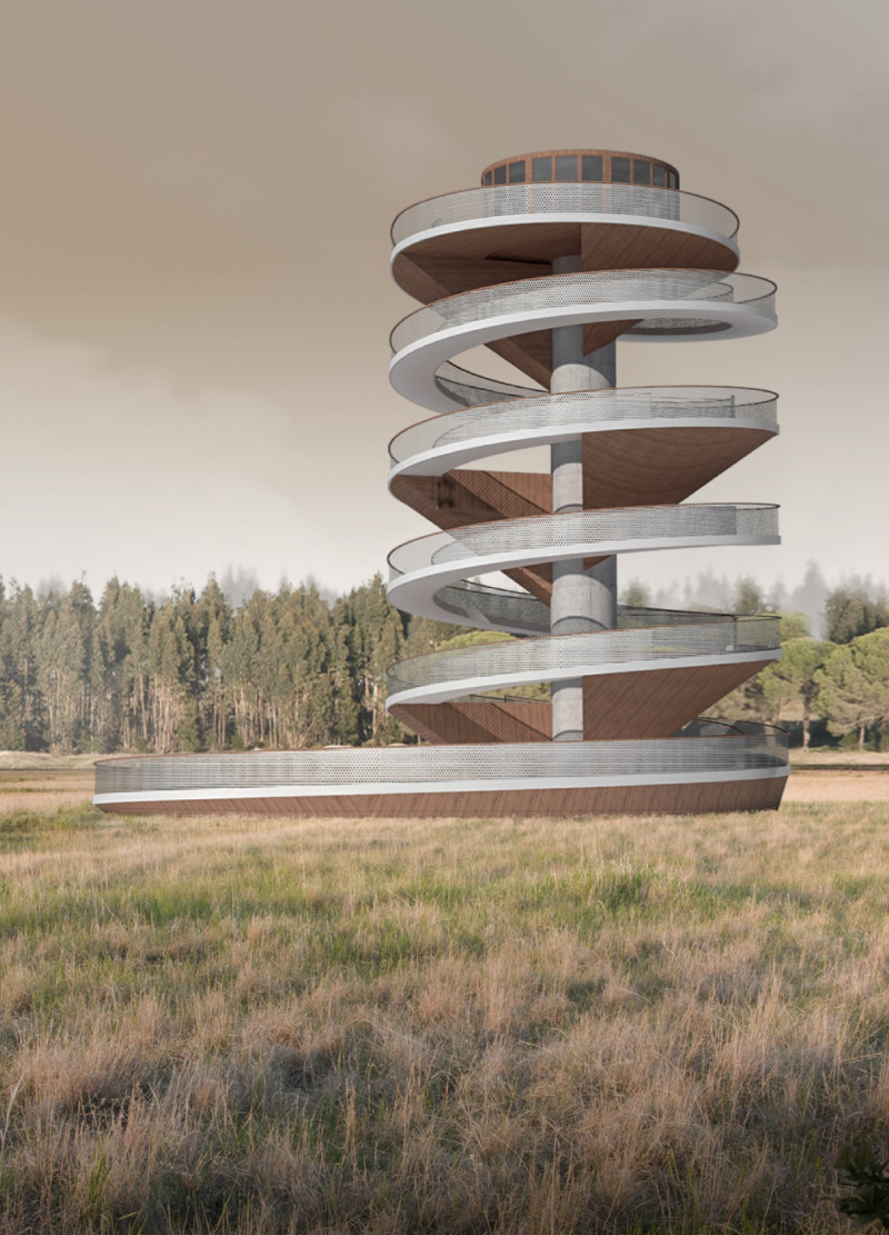 Helicoidal Path Featuring Natural Timber and Concrete Interaction for Scenic Engagement