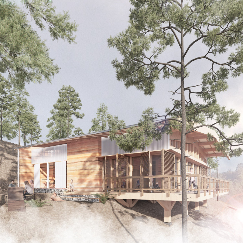 Elevated Yoga Studio with Rammed-Earth Foundations Embraces Natural Canopy