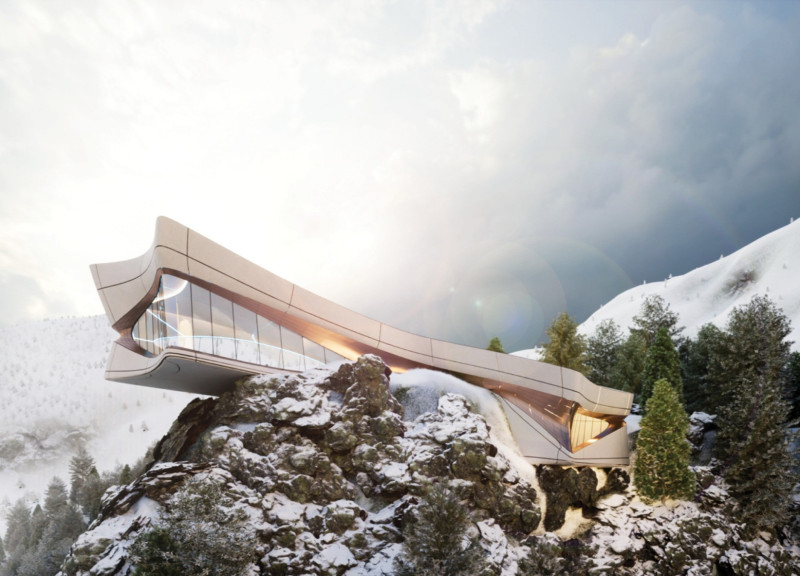 Cantilevered Workspace Overlooking Natural Landscapes with Concrete and Copper Elements