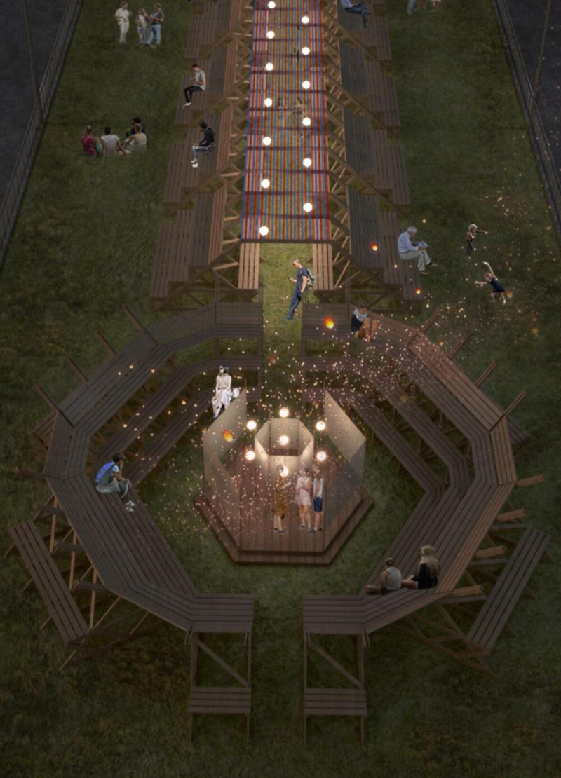 Community Pavilion on a Bridge with Panoramic Views and Wood Elements