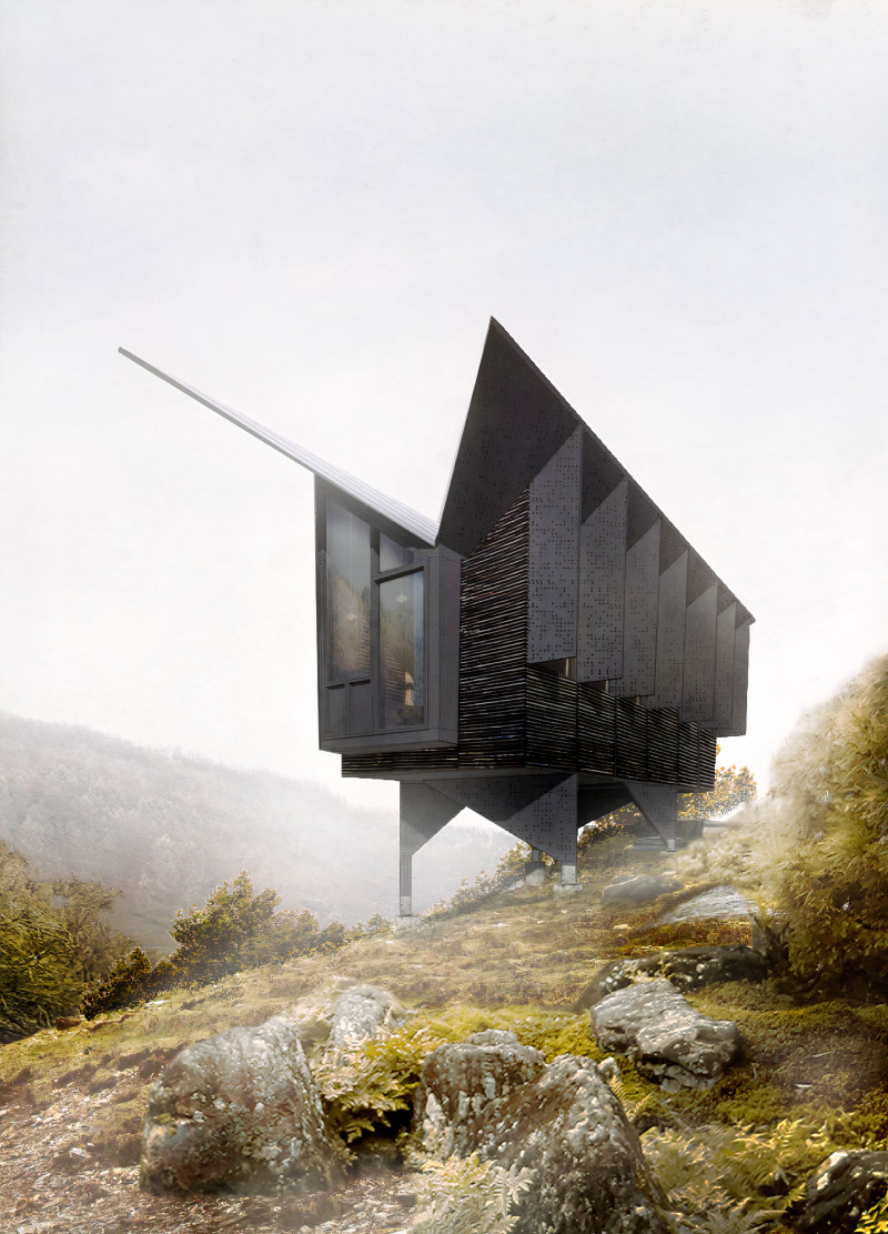 An Adaptable Meditation Cabin Ensemble Over Valley Terrain