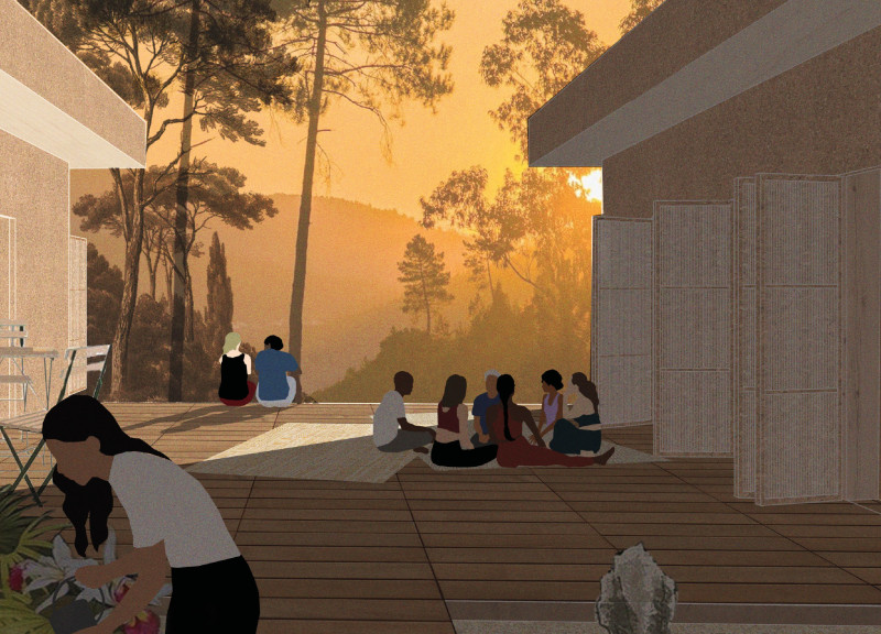 Charred Wooden Shingles and Biophilic Elements Enhance Community Functionality